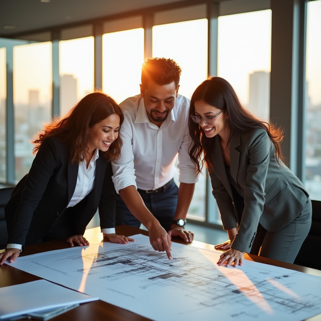 Team reviewing construction project plans and timelines in modern office
