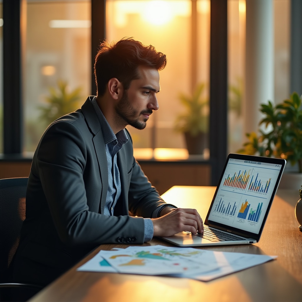 Professional analyzing real estate financial documents on laptop with charts and graphs