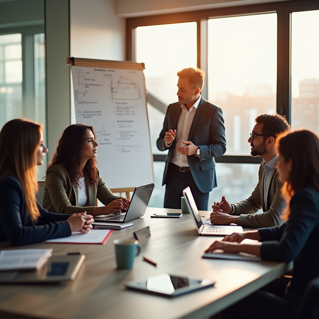Diverse professional team discussing educational strategy and course development in modern meeting room