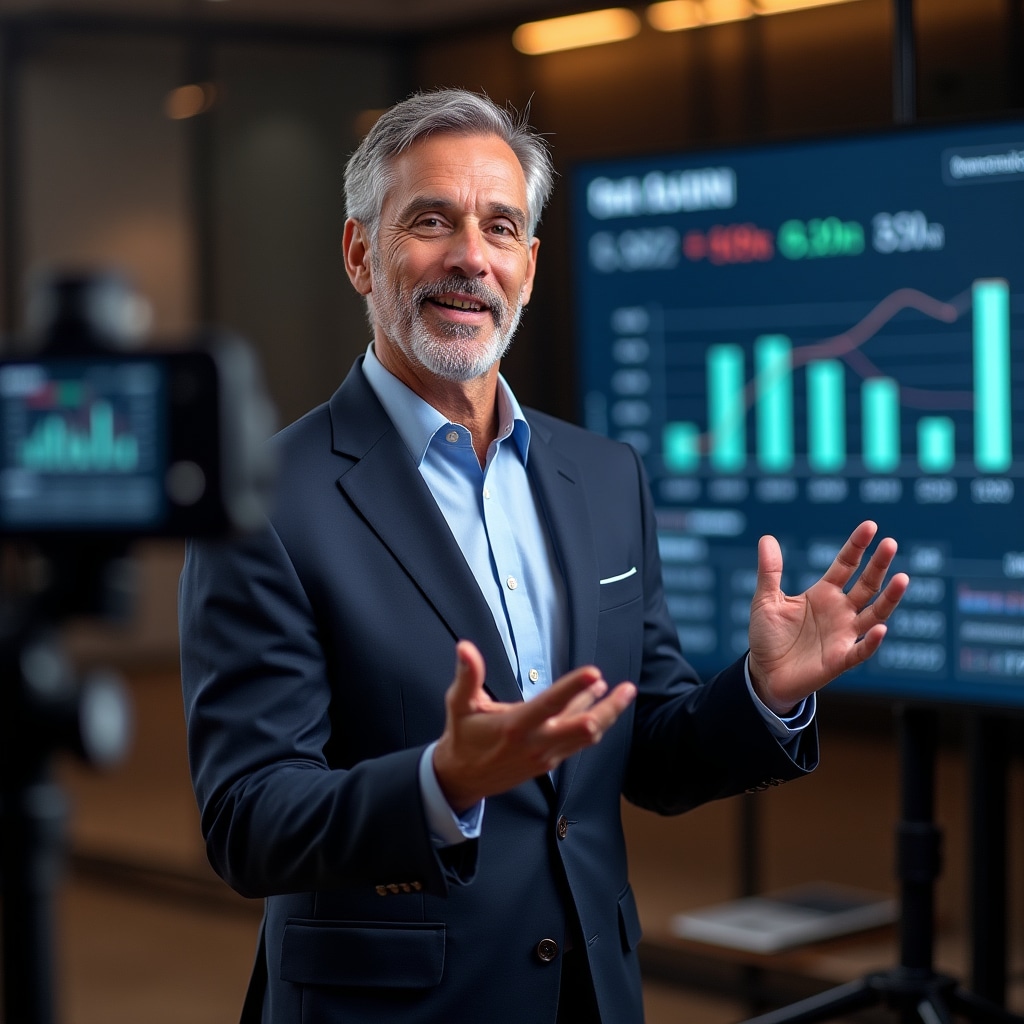 Professional instructor recording educational video lesson about investment metrics